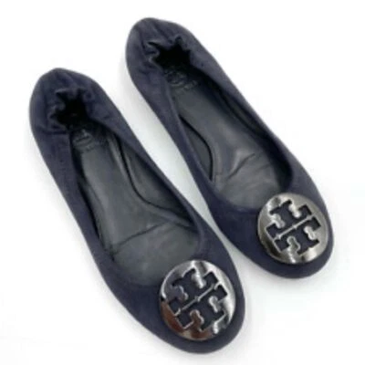 Pisos planos de ballet Tory Burch Reva azul gamuza charol Foto 1 de 4