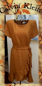 CALVIN KLEIN Ruffled Tulip Hem Dress-Fit&Flare-Tie Belt-Short Sleeves-Orange-10 - Picture 1 of 5