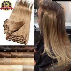 CLEARANCE Clip In 100% Real Remy Human Hair Extensions Full Head Highlight US Ss - Picture 1 of 50