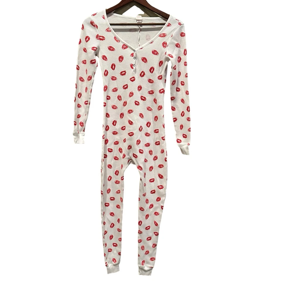 ROSA Victoria’s Secret "Kiss This" Branco Vermelho Térmico Peça Única Feminina Tamanho XS - Imagem 1 de 4