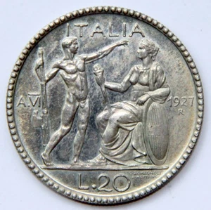 E383 ITALIA 20 LIRAS 1927 – 35,5 mm /14,45 gr/GROSOR 2 mm ¿PLATA? ¿REPRODUCCION? - Imagen 1 de 2