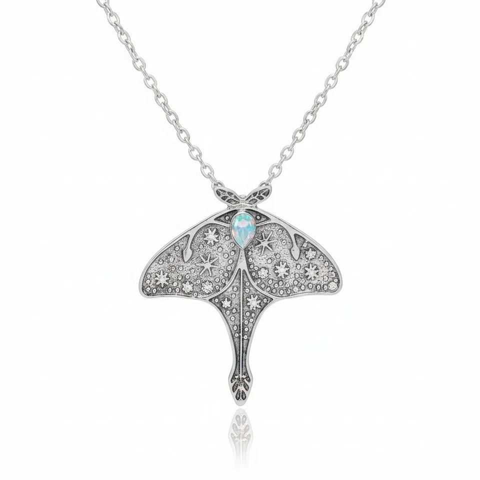 Colar pingente de traça estrelas celestiais tom prata opalita cristal joias femininas - Imagem 1 de 1