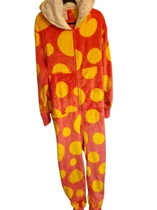 OODIE ALL IN ONE WOMENS PINK AND YELLOW POKKA DOTS SIZE L/XL OPEN BACK PART - Picture 1 of 3