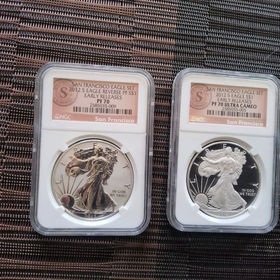 Juego de 2 monedas S 2012 prueba inversa Silver Eagle NGC PF70 y PF70 ER San Francisco Foto 1 de 2