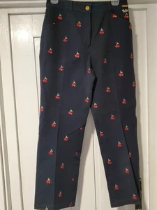 St John Wild Cherry Crop Pants Womens 4 Sport Stretch Embroidered Navy Blue - Picture 1 of 6