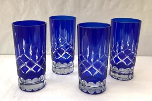 Set 4 Vintage blaue geschliffene auf klare BOHME Kristall 5,75" hohe Bar Longdrinkgläser - Bild 1 von 5