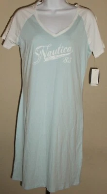 NUEVO CON ETIQUETAS NAUTICA Azul Con Ribete Blanco Cuello en V Manga Corta Vestido de Dormir Camiseta Larga, L Foto 1 de 2