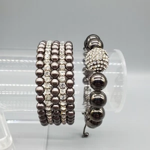 Gunmetal Rhinestone Bracelets (2) Disco Ball Slide Closure Memory Wire Wrap - Picture 1 of 6