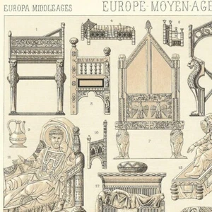 Europe Middle Ages - furniture beds throne seats -- press engraving 1888 - Picture 1 of 3