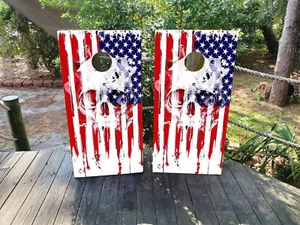 WATERPROOF & FADEPROOF Cornhole Board Wraps USA Flag Skull Design  / - Picture 1 of 3