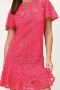 Lipsy Hot Pink Short Sleeve Frill Hem Lace Dress Size 8 - Picture 1 of 7