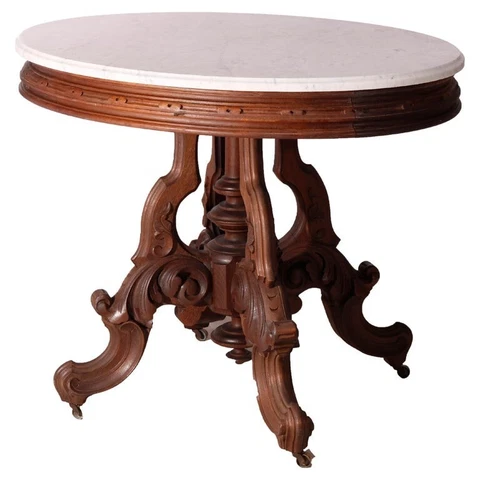 Oversized Antique Victorian Walnut Brooks Oval Marble Top Parlor Table 1890 Cover