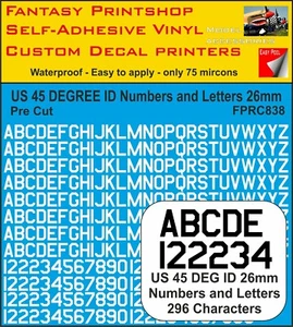 RC Vinyl Stickers US 45 DEGREE  LETTERS NUMBERS 26mm PRE CUT FPRC838 WHITE MATT - Picture 1 of 3
