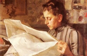Oil painting Anders-Zorn-Emma-Zorn-Lasande young lady woman reading newspaper - Picture 1 of 1