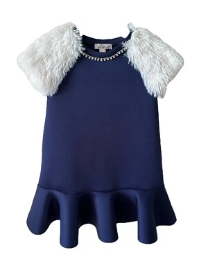 Halabaloo Navy Blue White Faux Fur Collar Rhinestones Dress Size 7 - Image 1 of 4