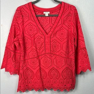 Sundance Red Eyelet 3/4 Sleeve V-Neck Side Zip Blouse with Cami Small - Picture 1 of 10
