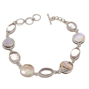 White Mother of Pearl & Crystal Quartz Gemstone Handcrafted Statement Bracelet - Picture 1 of 3