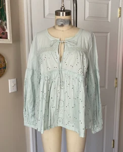 NORDSTROM Green Cotton Eyelet Lace BOHEMIAN Crochet Lace Tunic shirt *X-SMALL* - Picture 1 of 5