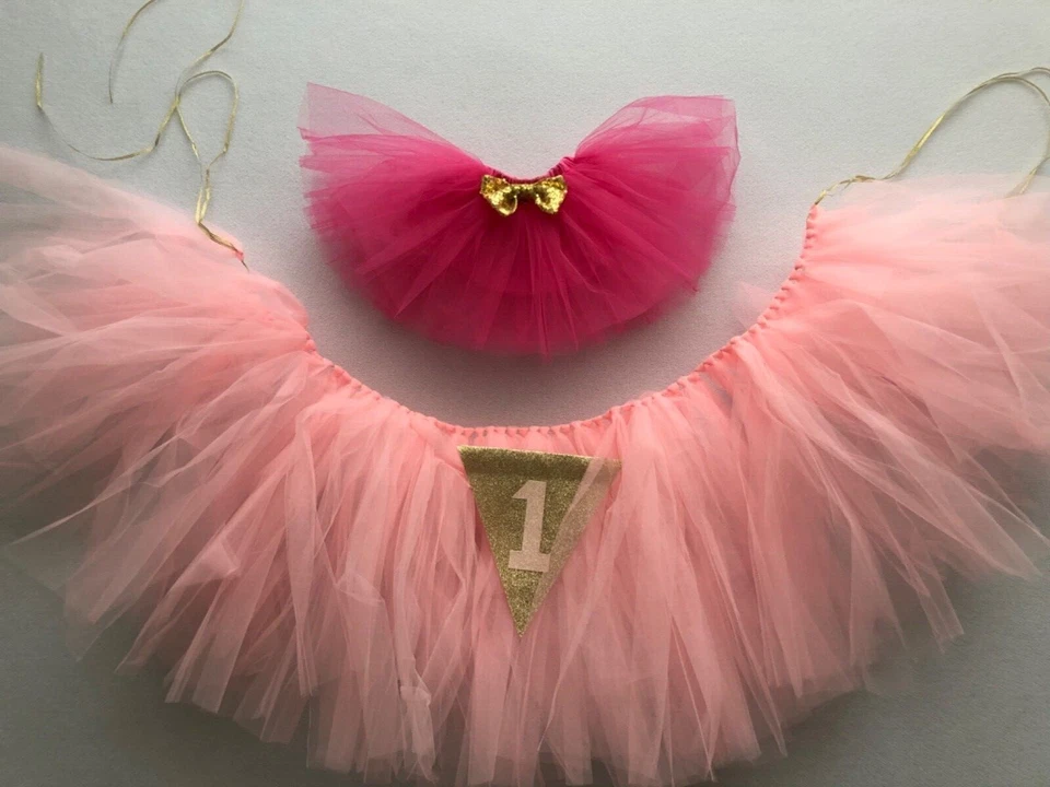 Baby's First 1st Birthday Banner Pink Tulle And Bright Pink Skirt - Image 1 of 4