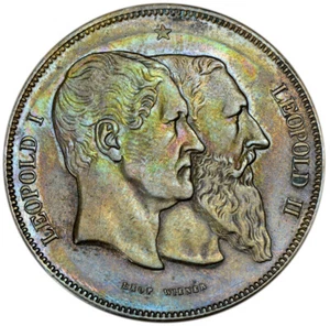 BELGIO Medaglia 5 Franchi 1880 AU Rame '50 Anni di Indipendenza Belga' - Foto 1 di 4