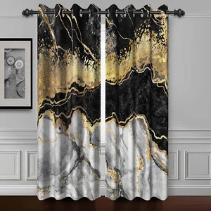 Black Gold Marble Window Curtains for Bedroom Art Design Black Grey Gold Marble - Picture 1 of 7