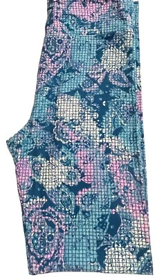 LuLaRoe One Size 2-10 Leggings Teal Cream Pink Floral Paisley Square Geometric - Image 1 of 2