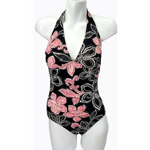 Catalina Womens Black Pink Floral Print Halter One-Piece Swimsuit Size S - Picture 1 of 9
