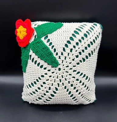 Vintage Crocheted Pillow Tropical 3D Flower Power Green Handmade Red Orange - Image 1 of 4
