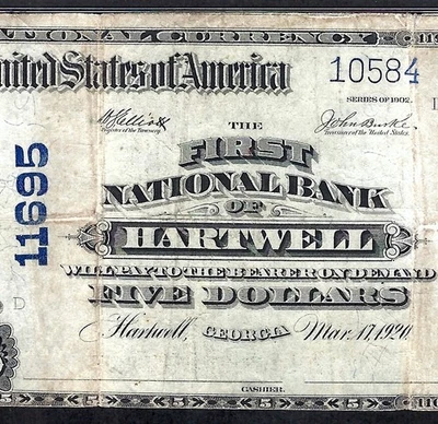 🇺🇸 GA 1902 $5  ♚♚HARTWELL, GEORGIA♚♚ PMG VERY FINE 25  SCARCE ! - Image 1 of 3