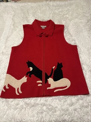 TanJay Women Sweater Vest L Vt. Cat Appliques Pom Poms Boiled Wool Zip - Image 1 of 4