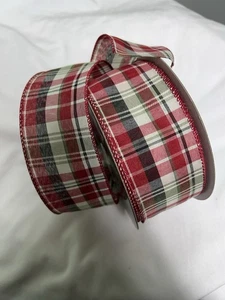 10 Yards 2.5 Inch Wired Ribbon Christmas Country Plaid Dark and Light Green Red - Picture 1 of 2
