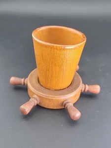 Vintage Nautical Wooden Match~Toothpick~Holder W/Ship Wheel Base~ 2.5"X4" - Picture 1 of 5