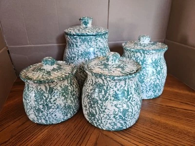 Vintage Green Spongeware Pottery Storage Canisters w/Lids Flour Sugar Coffee Tea - Image 1 of 4