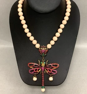 Heidi Daus Rhinestone Dragonfly on Cream Stone Beaded Necklace (21") - Picture 1 of 6