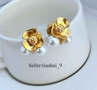 New! Tory Pearl & Flower Gold Earrings with Jewelry Pouch - Image 1 of 4
