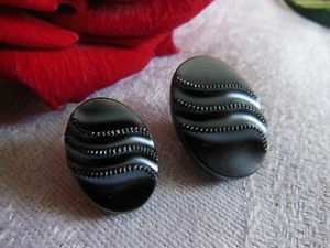 Duo boutons anciens en verre ovale gris hématite original G7H - Picture 1 of 4