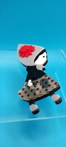 Acrylic Brooch of A Little Girl Dressed in Gray/Black with Red Flower on her Hat - Picture 1 of 6