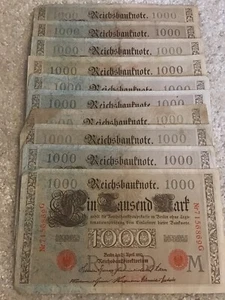 Lot von 10 x deutschen Banknoten. 1000 Mark. Datiert 1910. Vintage Set. - Bild 1 von 5