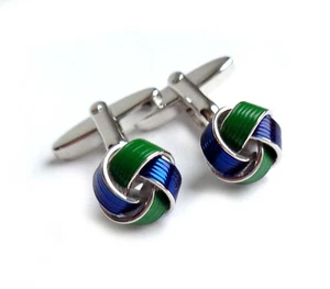 Knoten Manschettenknöpfe silbern blau grün 12 mm rund m.i. G. + Box MK1200 - Bild 1 von 4