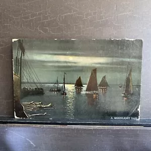 "Una vela al chiaro di luna" Atlantic City 1912 annullo posta cartolina d'epoca antica - Foto 1 di 2