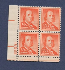 USA - Scott 1030 - MNH Plate Block # 25981 LL - 1/2 Cent Franklin --b - Bild 1 von 1