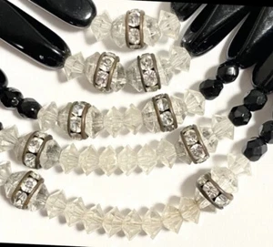 VTG 5 Strand ART DECO Black Glass and Hand Cut Crystal w Rhinestone NECKLACE - Picture 1 of 7