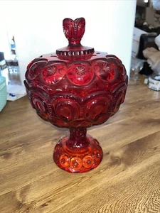 LARGE VINTAGE LE SMITH RED MOON AND STARS GLASS COMPOTE CANDY DISH W/ LID 13" - Picture 1 of 10