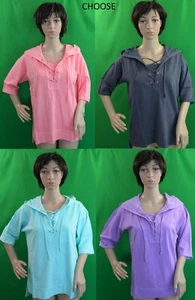 Green Tea Pigment Dye Lace Up Elbow Sleeve Hoodie Coral/gray/purple/blue,choose - Picture 1 of 8