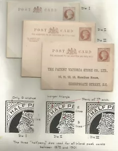 THE 3 HALFPENNY DIES USED FOR ALL INLAND POSTCARDS BETWEEN 1878 & 1901 - Picture 1 of 3