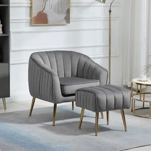 Velvet Accent Chair & Ottoman Set, Modern Tufted for Living Room Bedroom - Picture 1 of 12