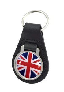 Union Jack Flag Quality Black Leather Round Keyring - Picture 1 of 1