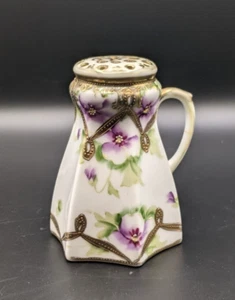 Antique Nippon Sugar Shaker Hat Pin Holder Gold Gilt Hand Painted Violets 5" - Picture 1 of 10