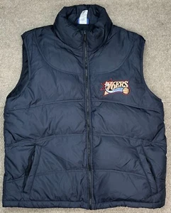 Reebok Vtg Rare NBA Philadelphia 76ers Black Down Vest Size Large - Picture 1 of 11