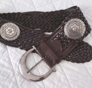 Dunkelbrauner Leder Silber Conchos Gürtel Gr. 32. Französischer Designer Richard Gempal.Neu - Bild 1 von 12